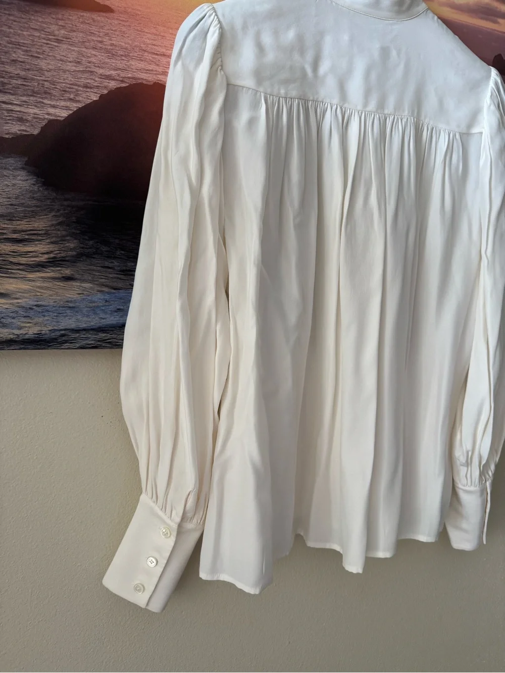 Frame Denim Ivory Pleated Band-Collar Button-Down Chloe Silk Blouse/ S/ NWT - Picture 6 of 14